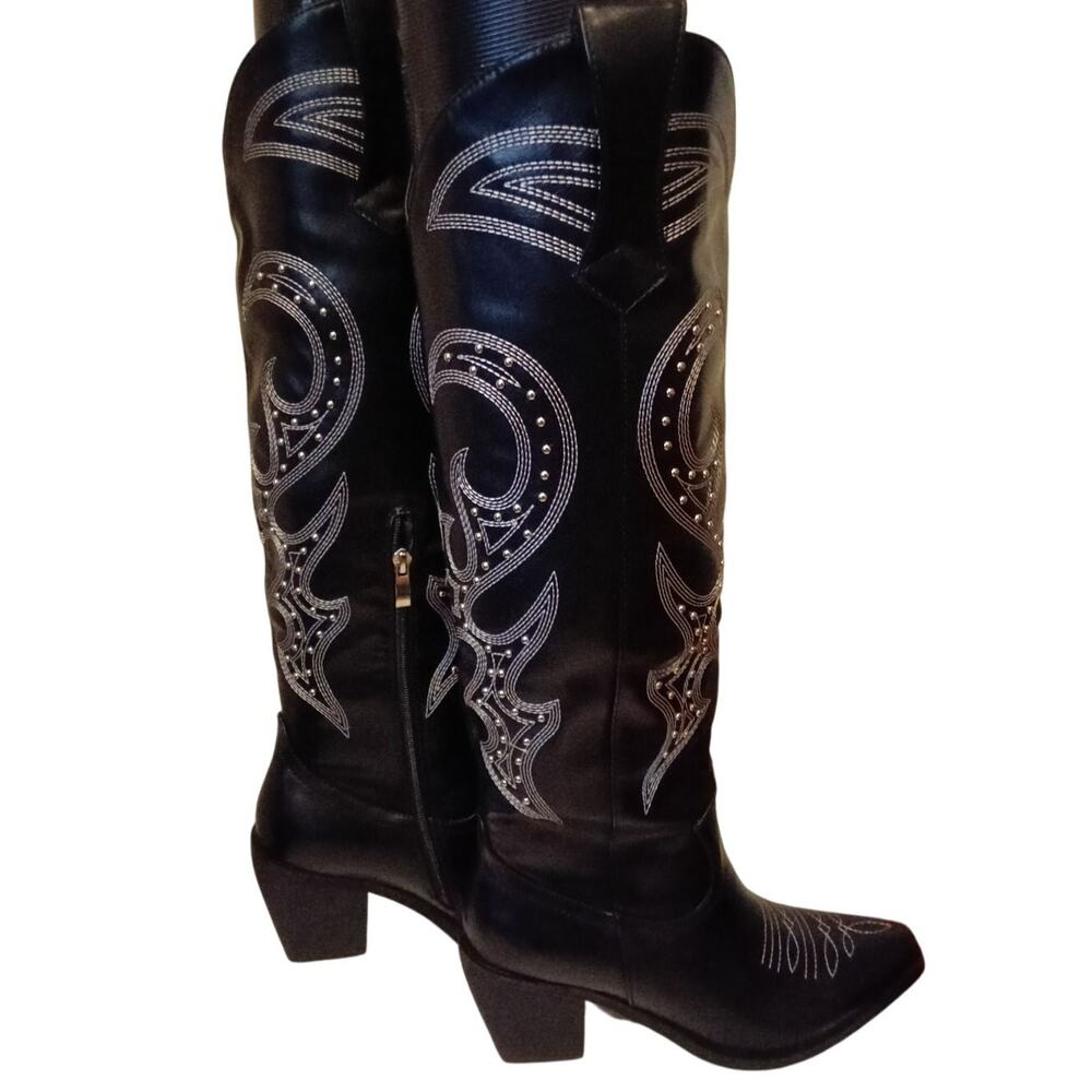 Wet Kiss Black Knee-High Cowboy Chunky Heel Boots (NWOB) - 9